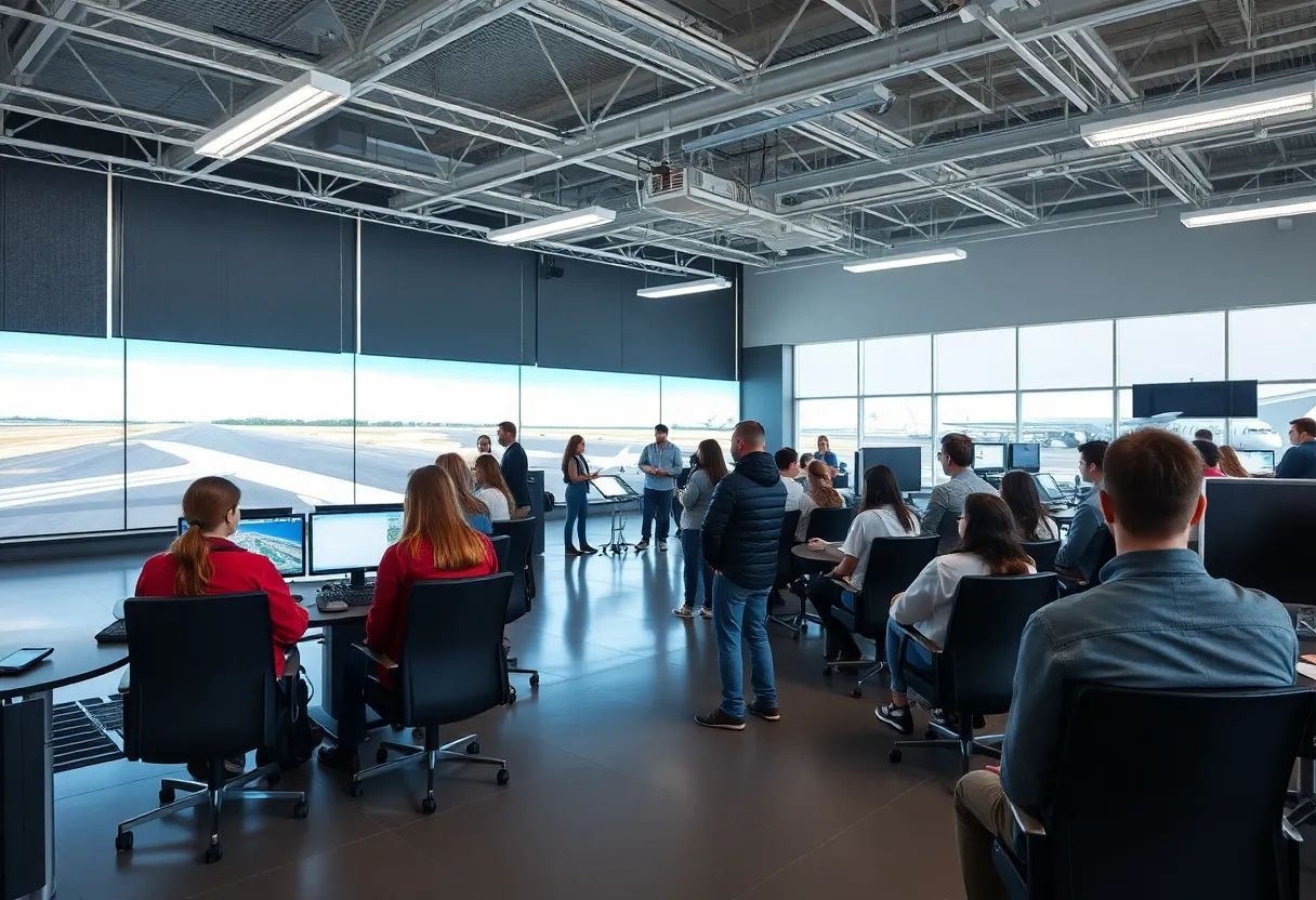 Modern aviation training facility with students and simulators
