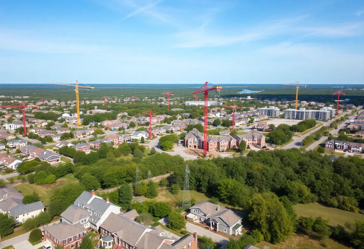 Construction sites in Brunswick County, North Carolina, with cranes.