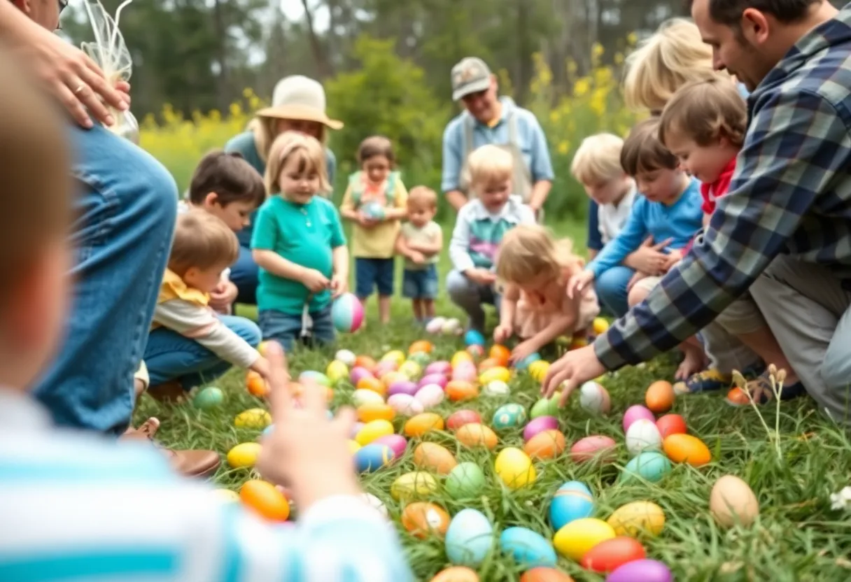 Families participating in a community egg hunt in North Carolina