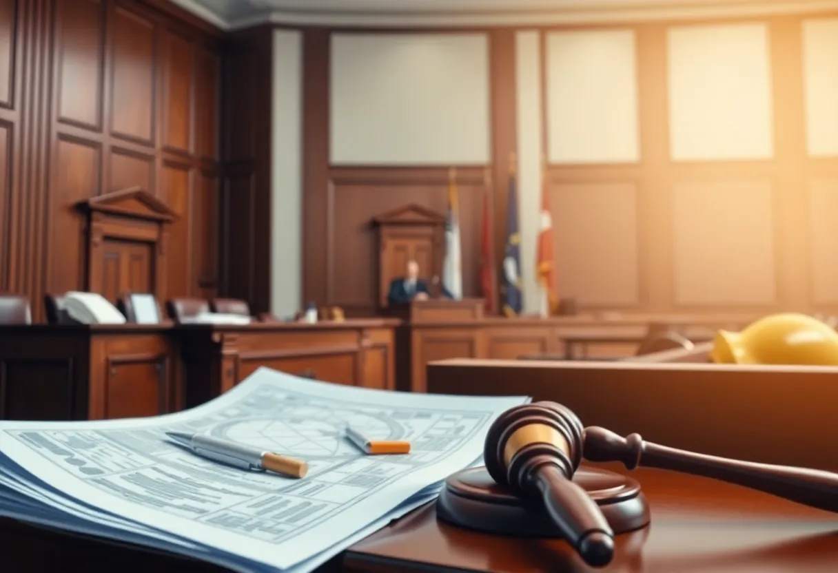 Scene of a courtroom with elements related to hurricane recovery