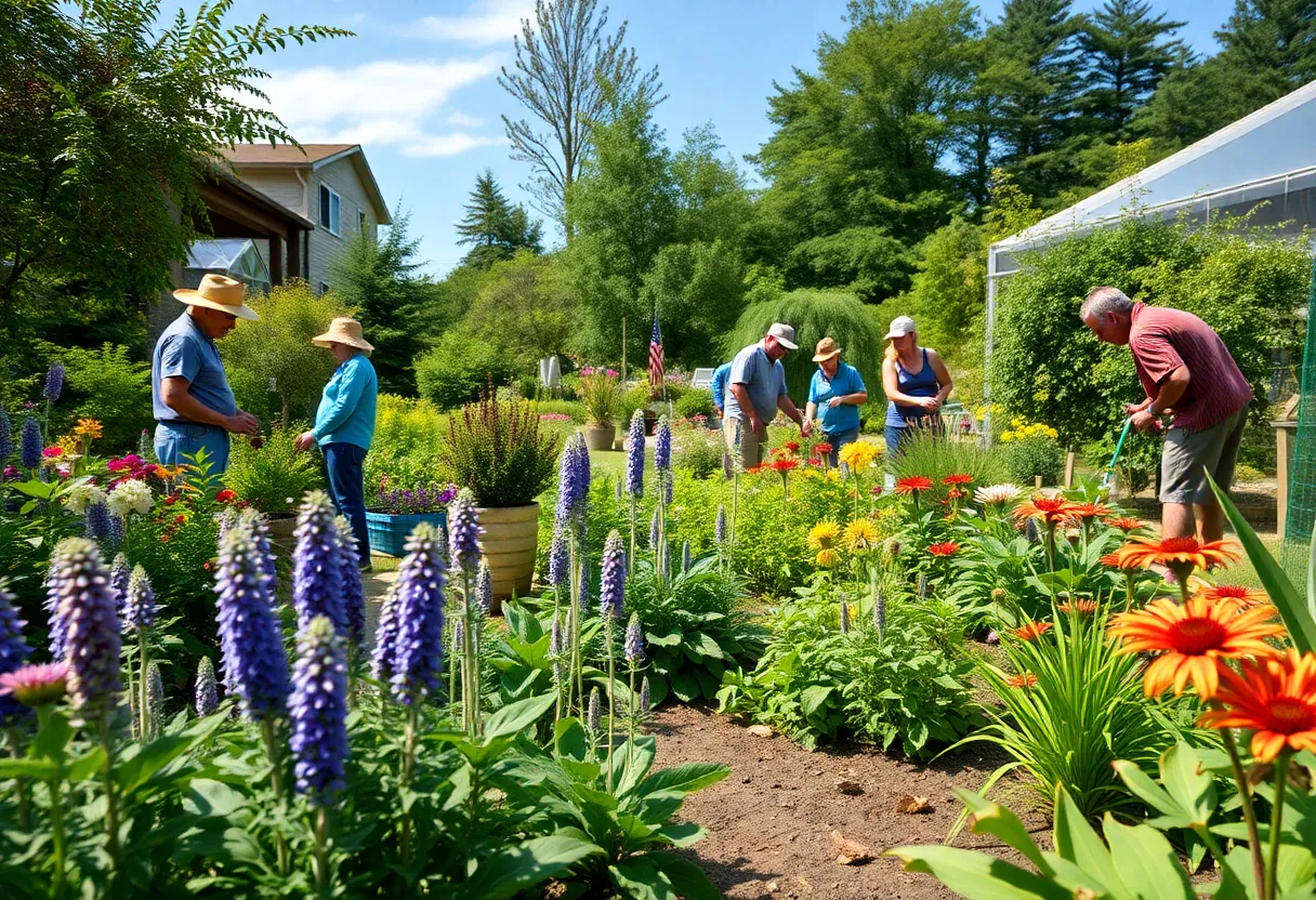 Community members working in the Dotty Leatherwood Botanical Garden in Shelby