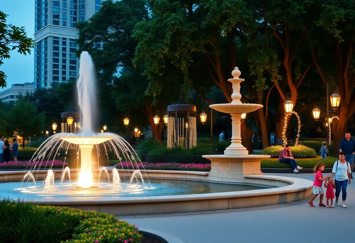 A scenic view of newly installed lighting and fountains in Flint's state park.