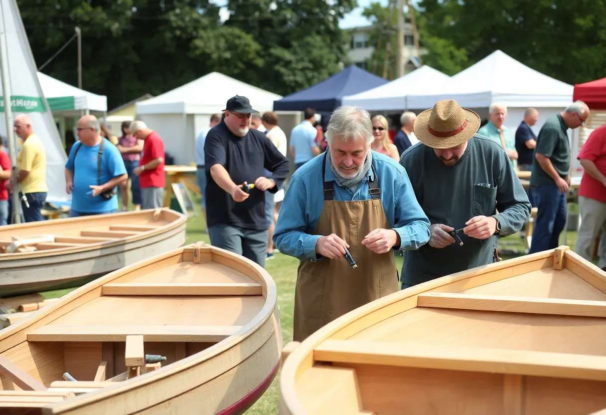 Amateur builders working on wooden boats at the Georgetown Wooden Boat Show.