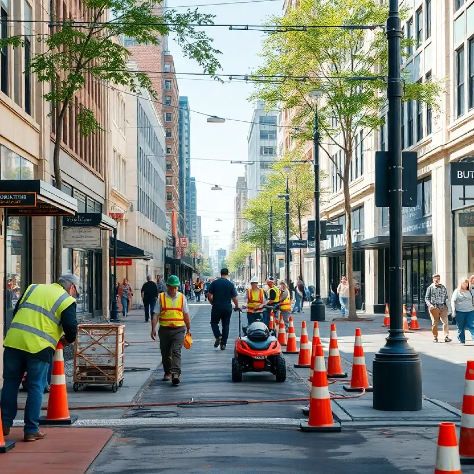 Construction workers revitalizing downtown Greenville with new sidewalks and streets.