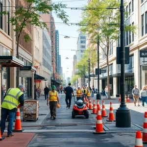 Construction workers revitalizing downtown Greenville with new sidewalks and streets.