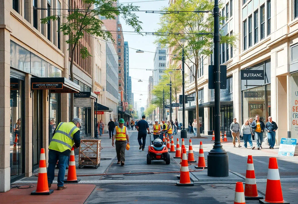 Construction workers revitalizing downtown Greenville with new sidewalks and streets.