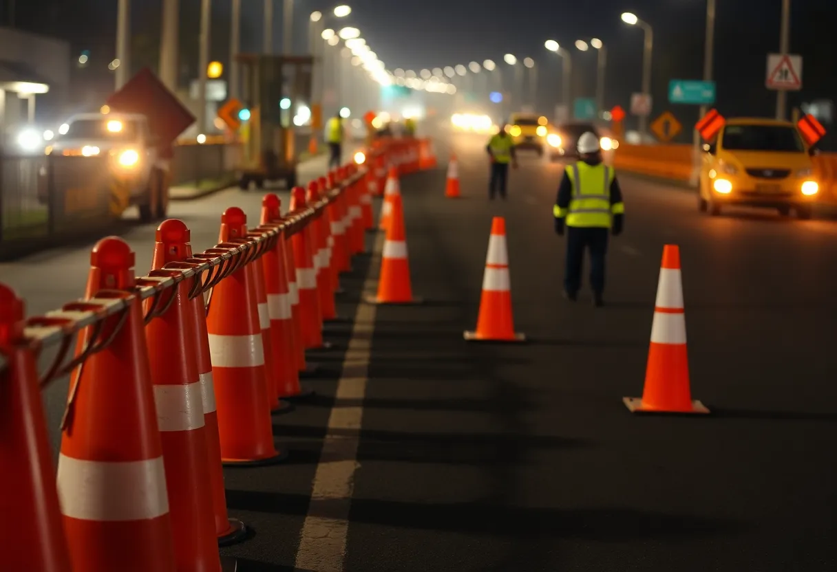 Nighttime construction on I-20 ramp with workers and traffic barriers