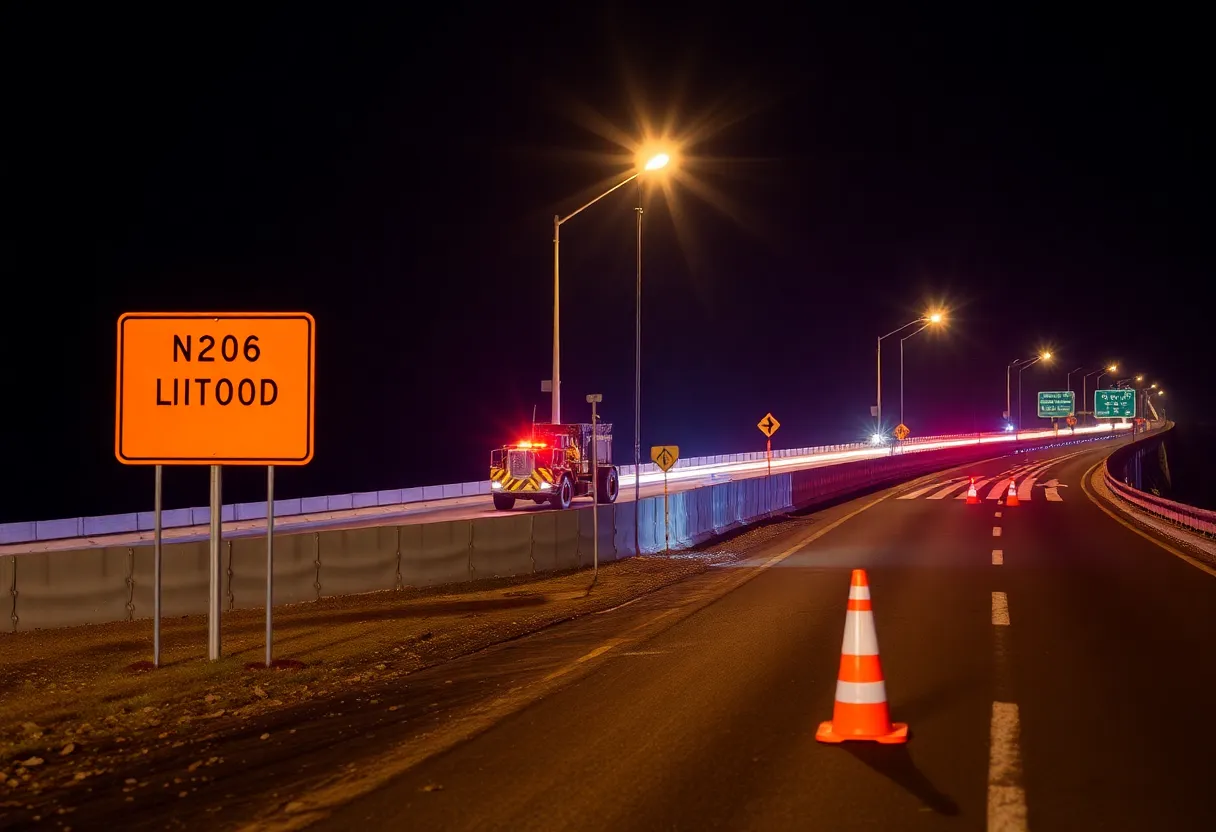 Construction work on I-26 bridge at night with detours