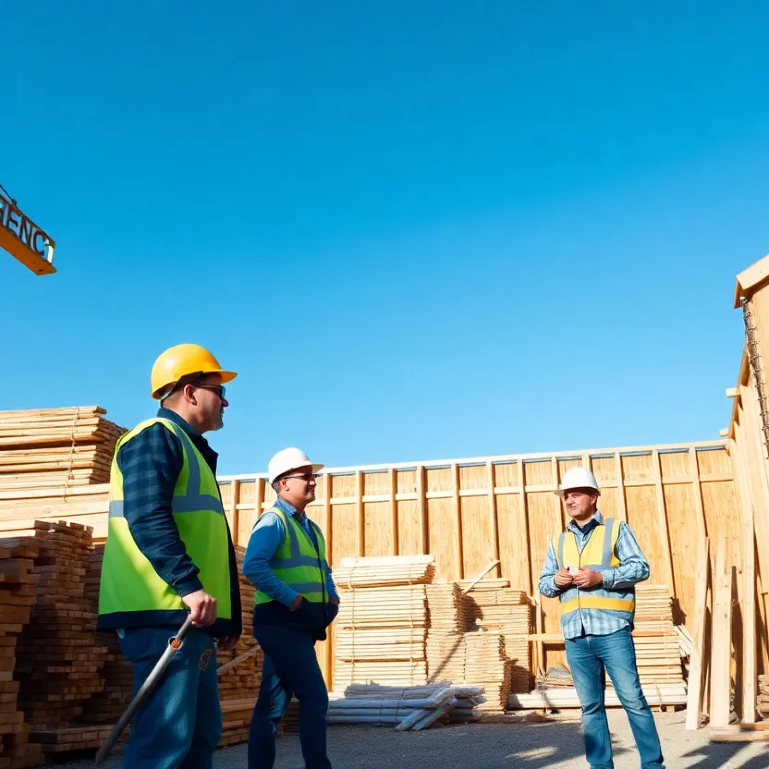 Construction workers discussing lumber costs at a building site