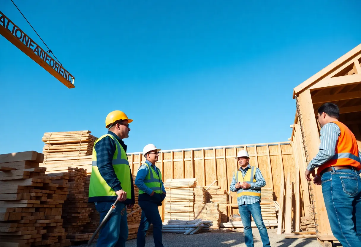 Construction workers discussing lumber costs at a building site