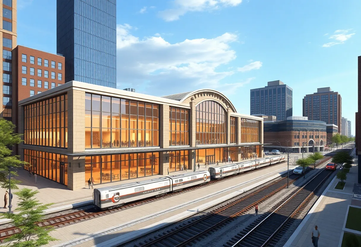 Architectural rendering of the Michigan Central Station transformed into a modern rail hub.