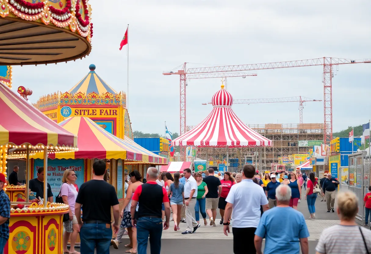 Colorful attractions at the North Carolina State Fair with construction in the background