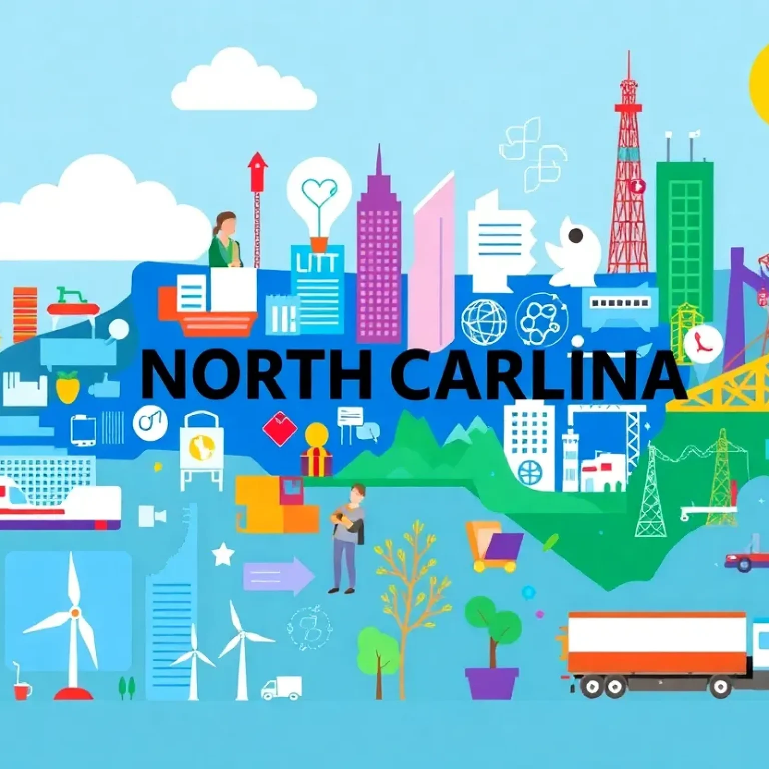 Collage of North Carolina job opportunities in technology, healthcare, manufacturing, and emerging sectors.