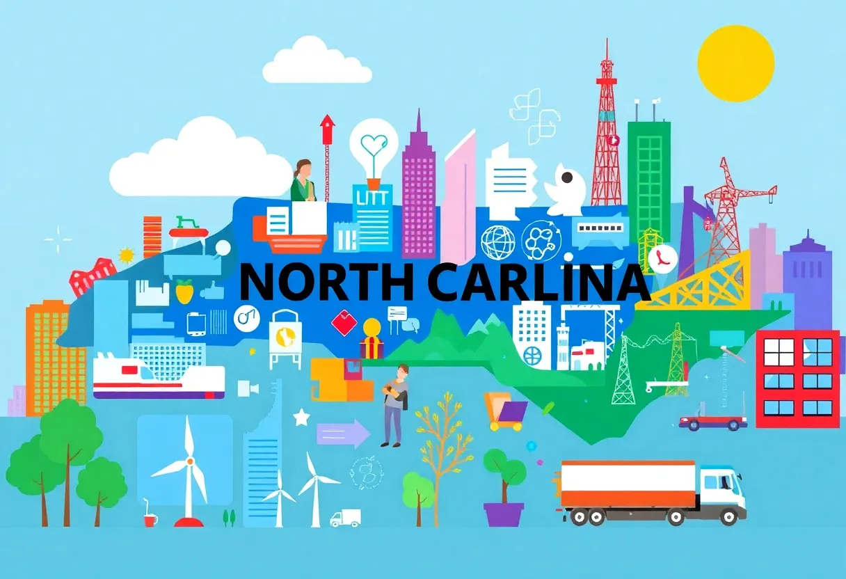 Collage of North Carolina job opportunities in technology, healthcare, manufacturing, and emerging sectors.